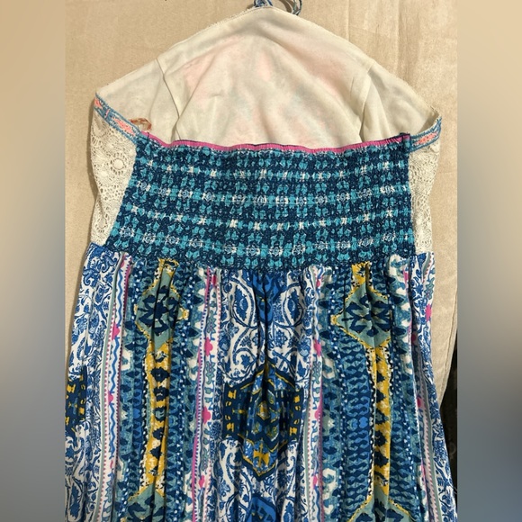 Colorful Boho Maxi Dress- Empire Waist, Crochet Lace Detail, Halter Ties- Size L - Picture 6 of 9